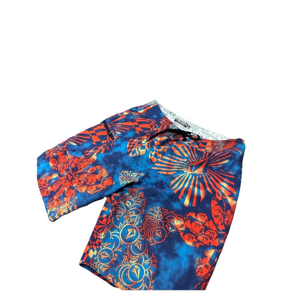 Surf Volcom Lido Weedo Board Shorts Mens Blue Orange Graphic Stretch 32